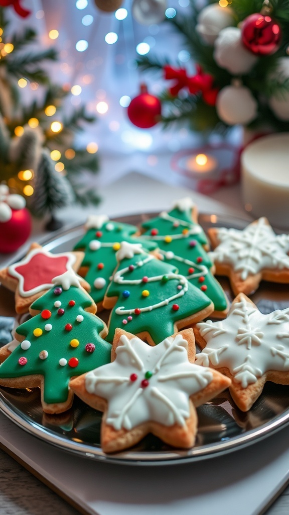 A plate of colorful Christmas sugar cookies shaped like stars and trees, decorated with icing and sprinkles.